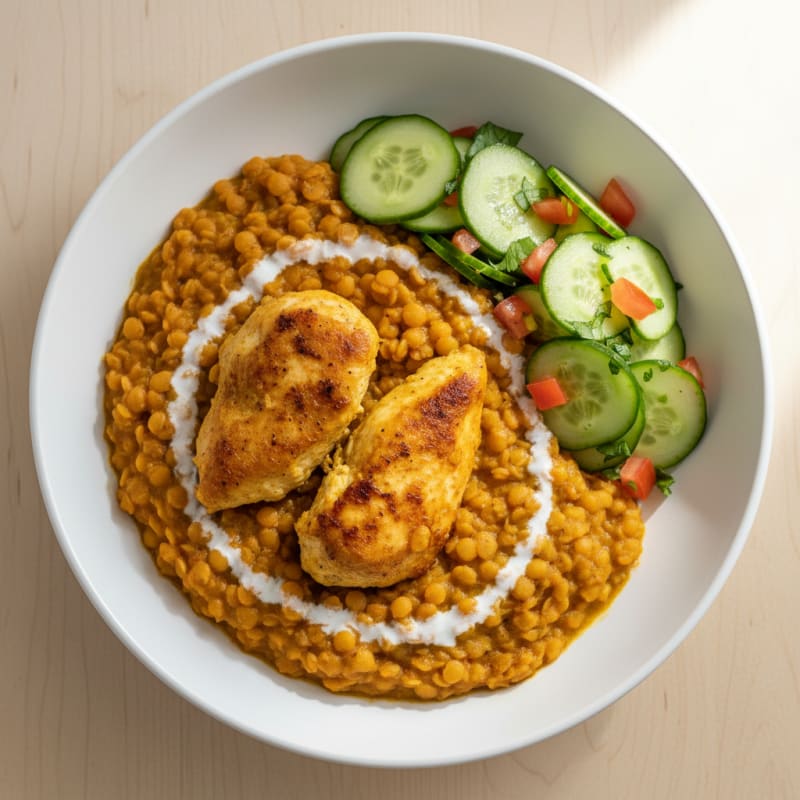 Lentil Chicken Curry Bowl with Cucumber Salad