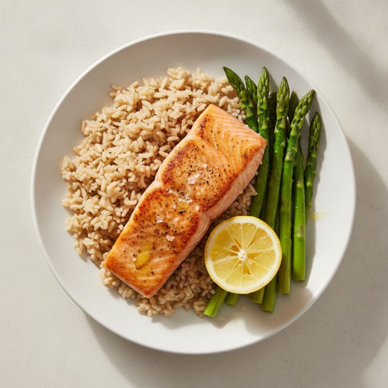 Seared Salmon Fillet with Steamed Asparagus and Brown Rice
