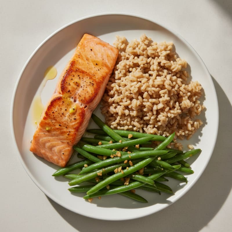 Seared Salmon Fillet with Garlic Green Beans and Brown Rice