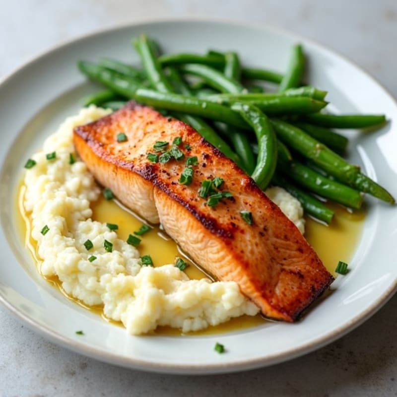 Seared Salmon with Garlic Green Beans and Cauliflower Mash