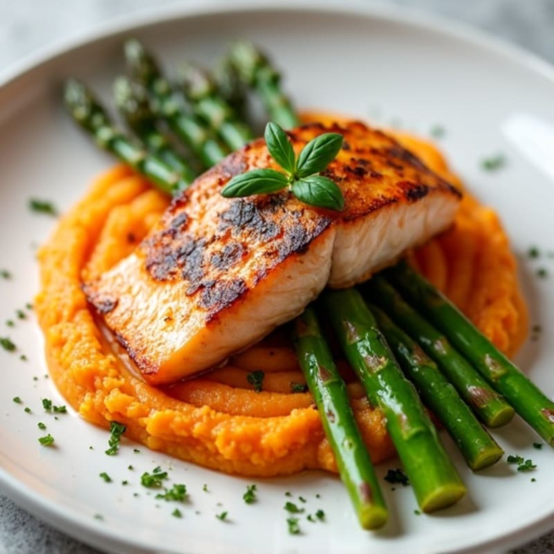 Seared Salmon with Roasted Asparagus and Sweet Potato Mash