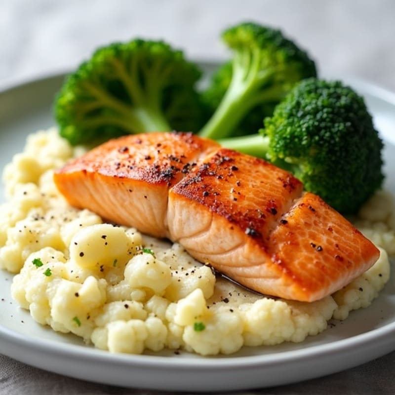 Seared Salmon Filet with Steamed Broccoli and Garlic Cauliflower Mash