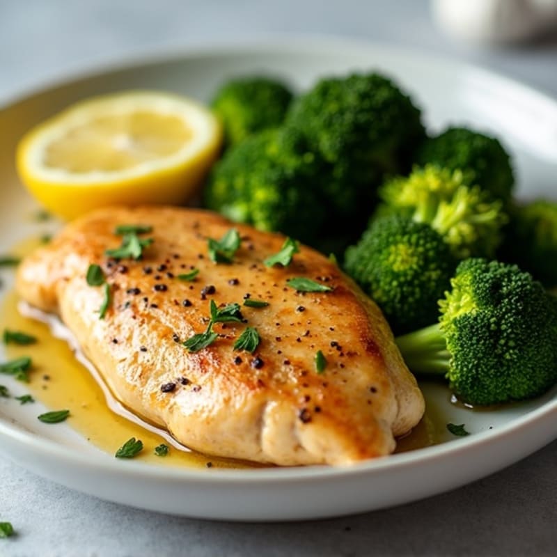 Lemon Garlic Pan-Seared Chicken Breast with Roasted Broccoli