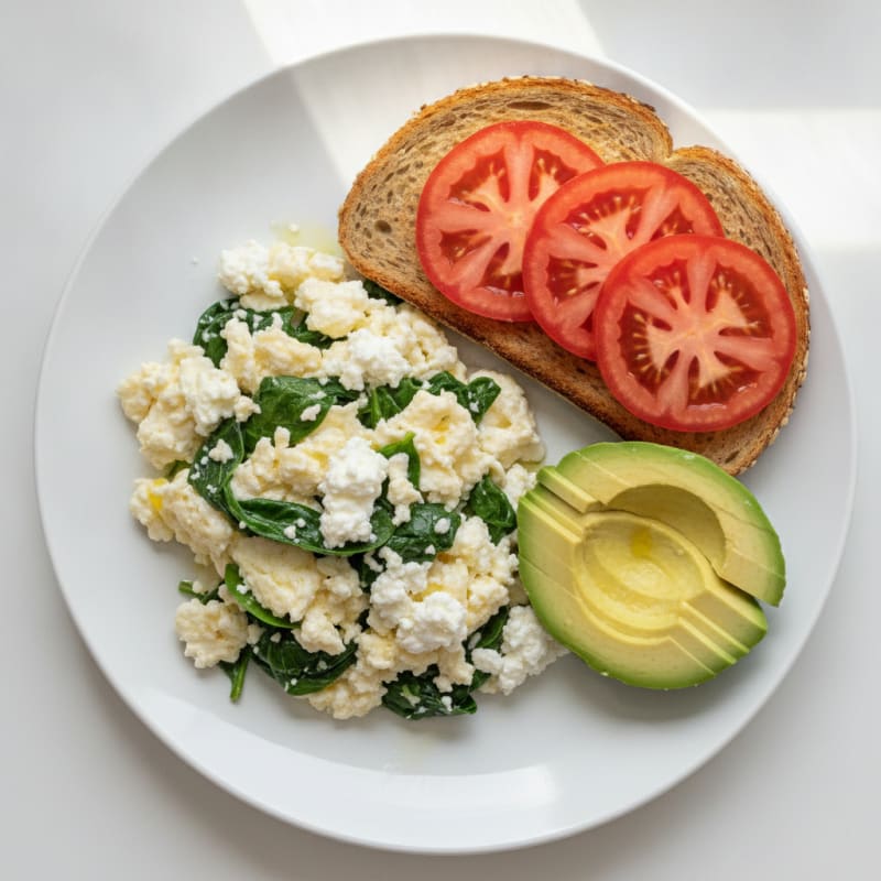 Egg White Spinach Scramble with Cottage Cheese and Tomato