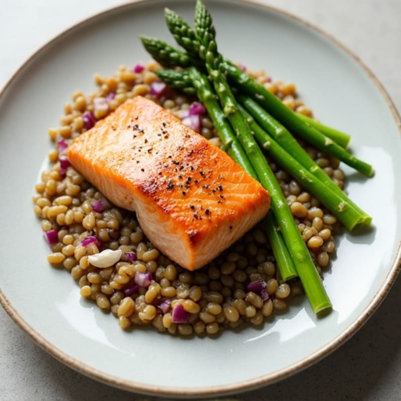 Seared Salmon with Steamed Asparagus and Lentil Mash