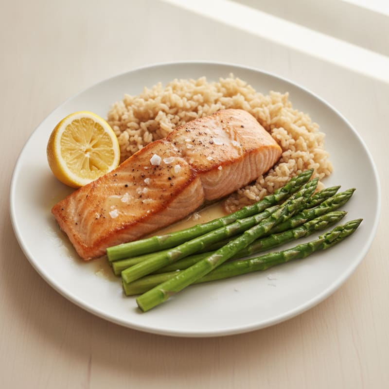 Seared Salmon with Steamed Asparagus and Brown Rice