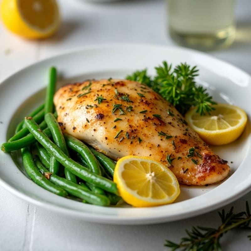 Tender Lemon Herb Roasted Chicken with Crispy Green Beans