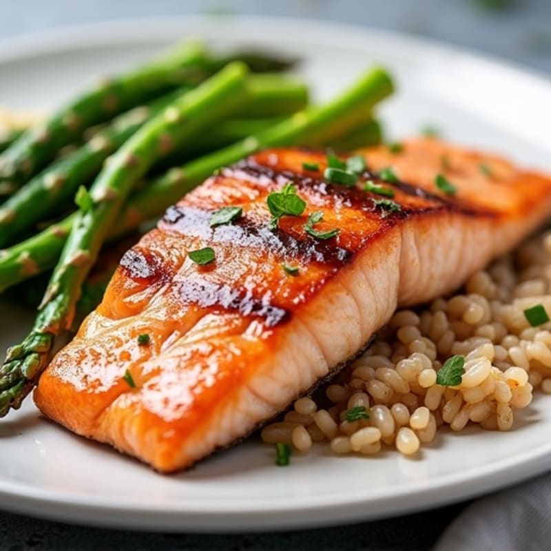 Seared Salmon Fillet with Steamed Asparagus and Brown Rice