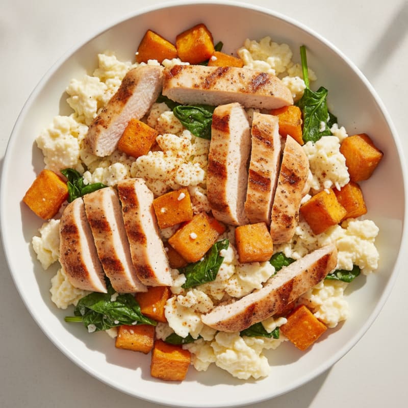 Scrambled Egg Whites with Grilled Chicken and Roasted Sweet Potatoes