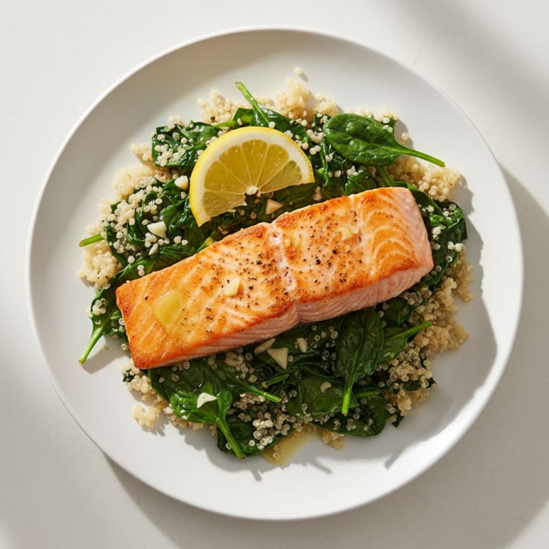 Seared Salmon with Garlic Spinach and Quinoa