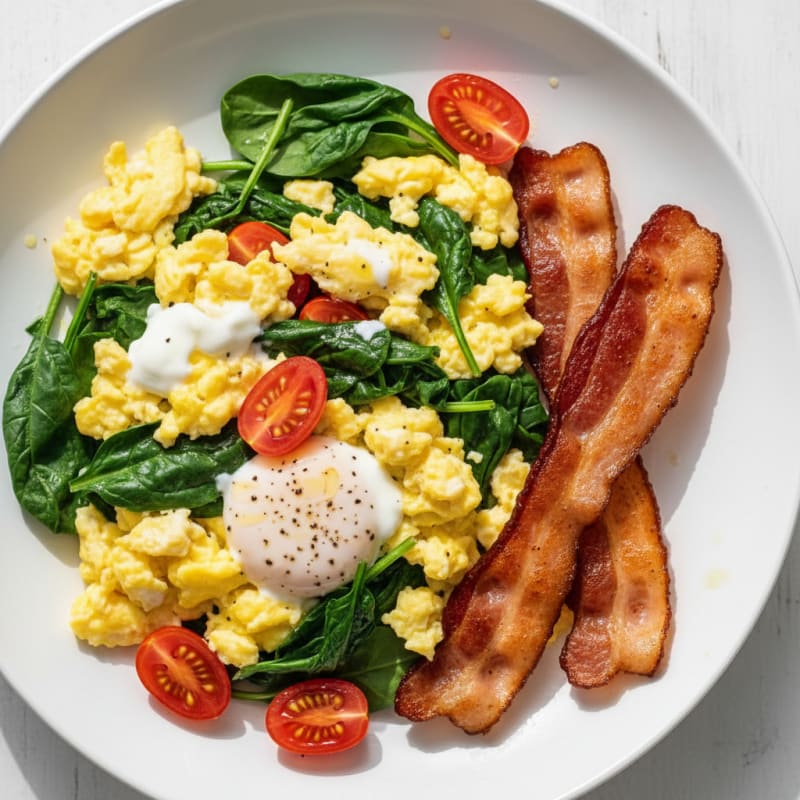 Creamy Scrambled Eggs with Sautéed Spinach and Turkey Bacon