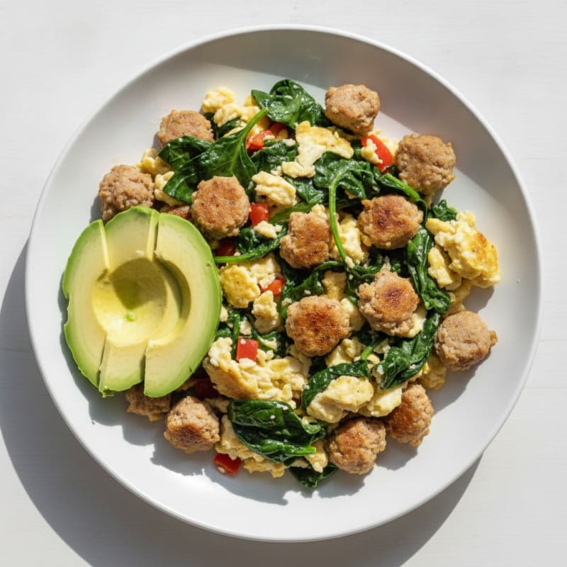 Egg White Scramble with Chicken Sausage and Sautéed Spinach