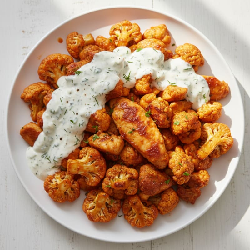 Crispy Buffalo Cauliflower and Chicken with Zesty Ranch