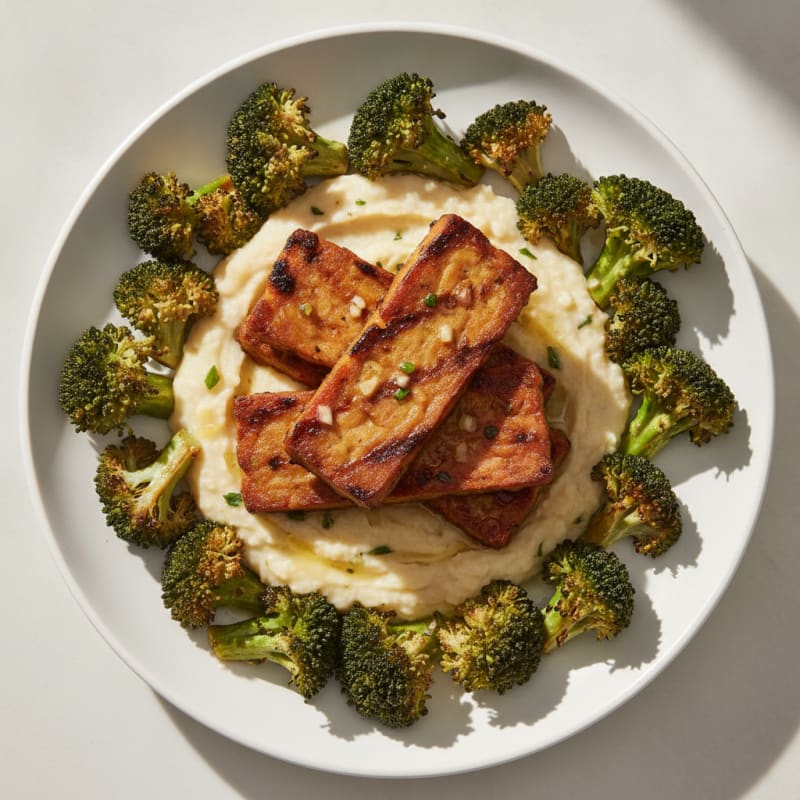Grilled Tempeh with Roasted Broccoli and Creamy White Bean Mash