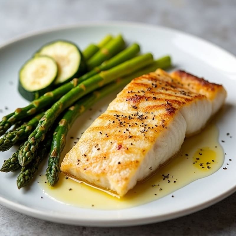 Seared Cod Fillet with Roasted Asparagus and Zucchini