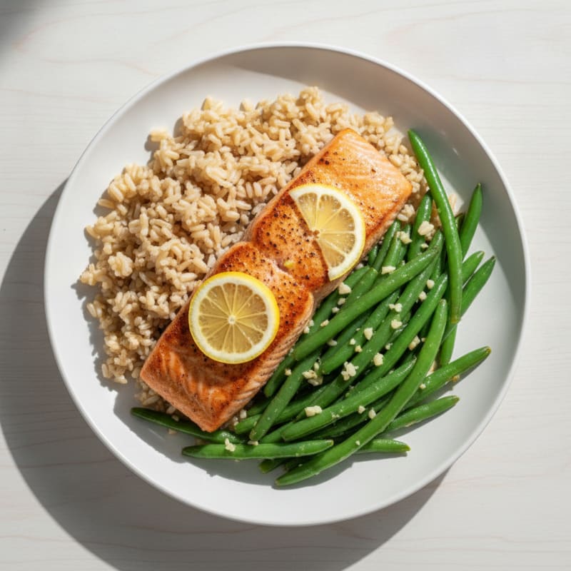 Seared Salmon with Garlic Green Beans and Brown Rice