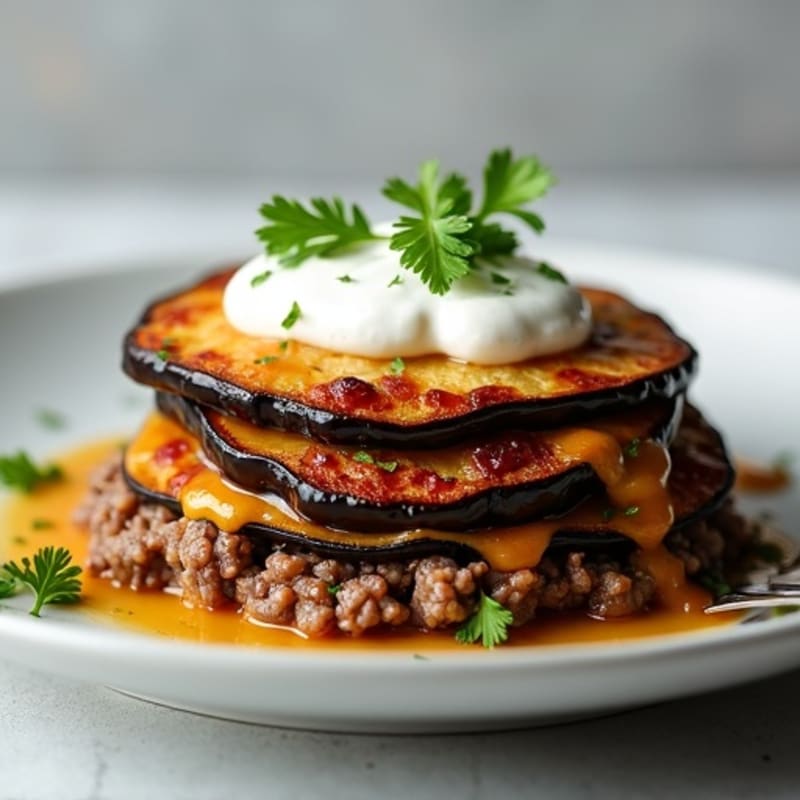 Lean Ground Lamb and Baked Eggplant Layers with Creamy Topping