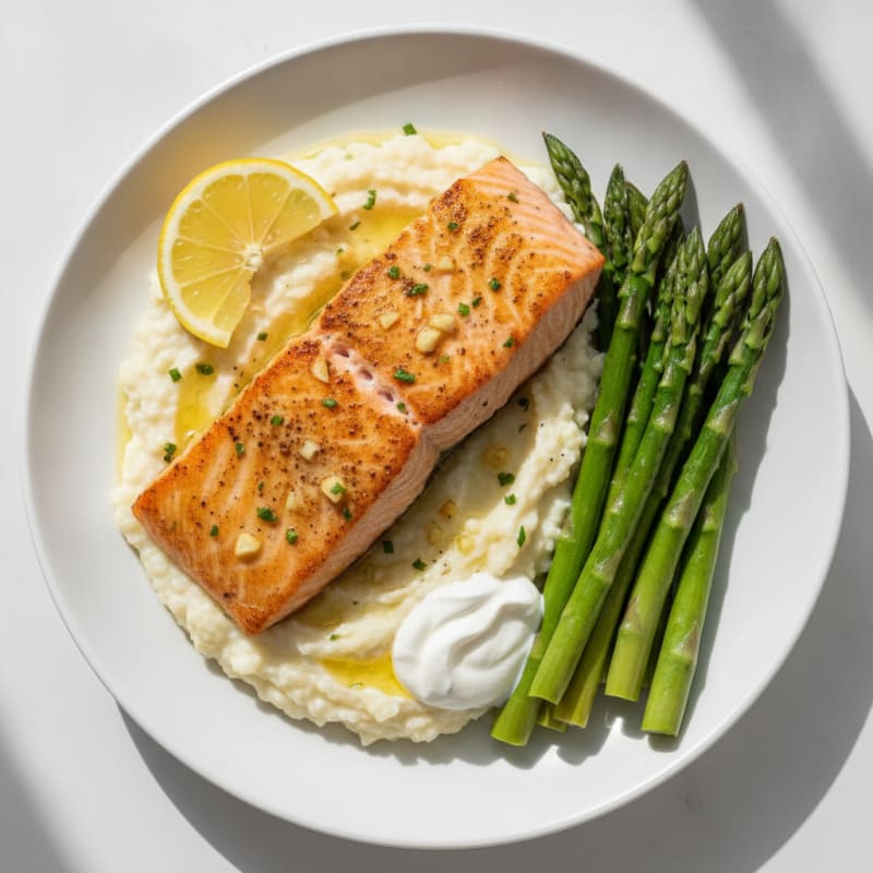 Seared Salmon with Steamed Asparagus and Cauliflower Mash