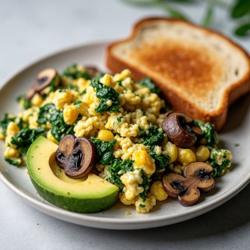 Egg White Spinach Scramble with Sautéed Mushrooms, Lean Beef, Avocado & Toast