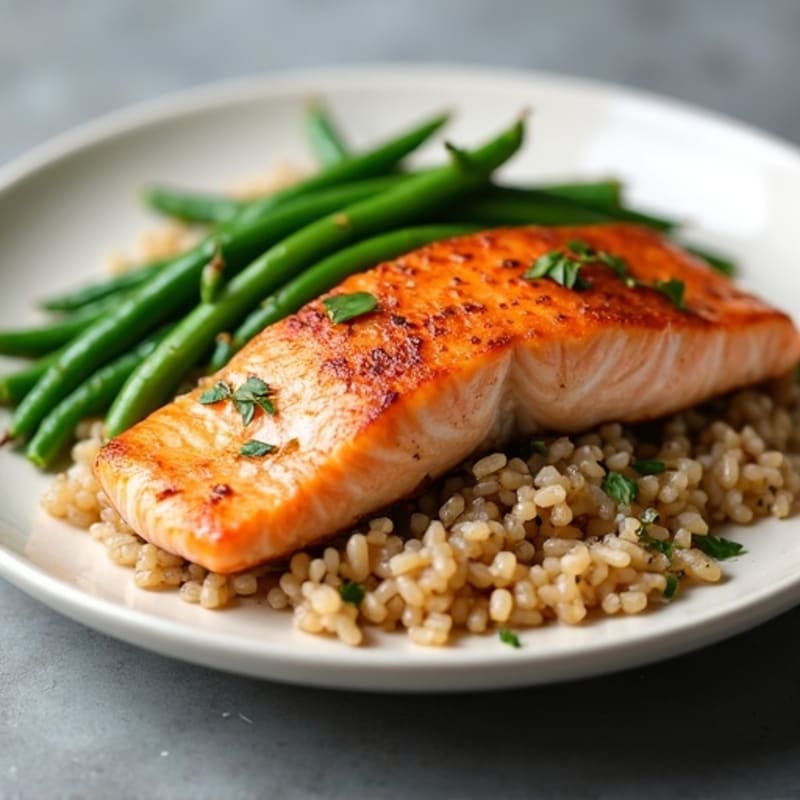 Seared Salmon with Garlic Green Beans and Brown Rice