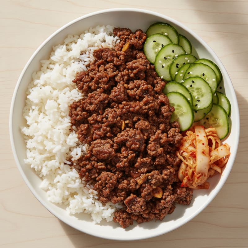 Saucy Beef Mince Bowl with Cucumber Salad and Steamed Rice