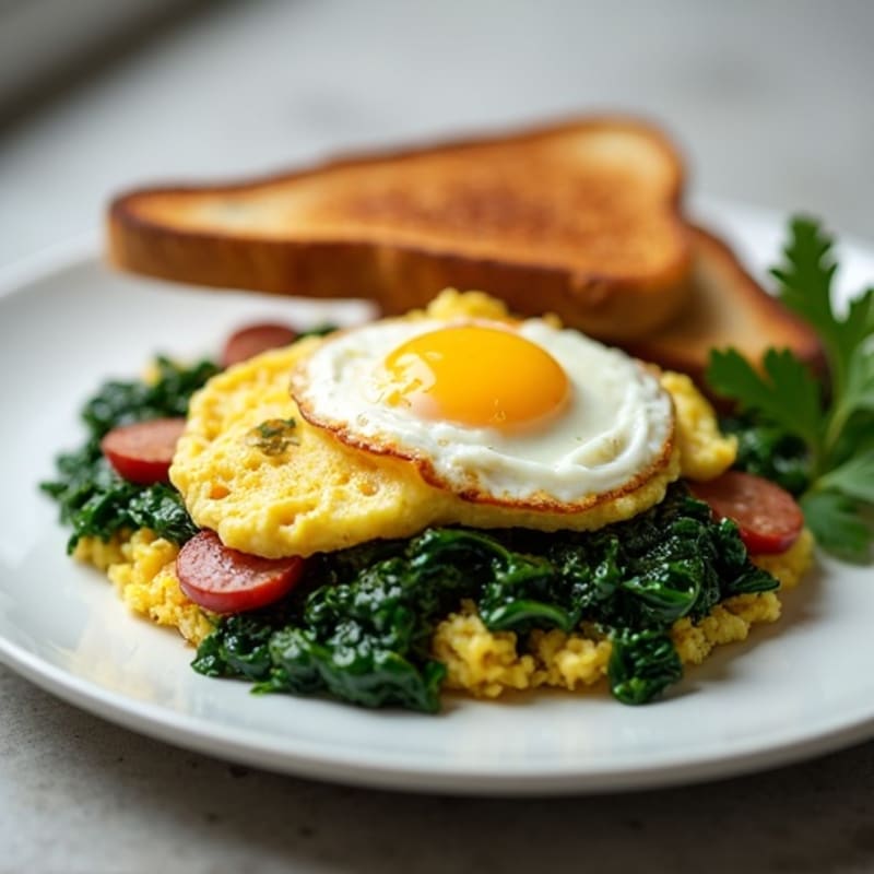 Egg White Scramble with Turkey Sausage and Sautéed Spinach (with Toast)