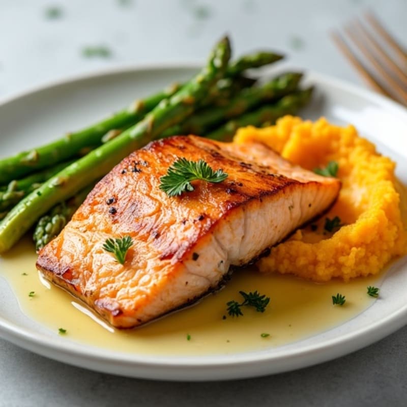 Seared Salmon with Steamed Asparagus and Mashed Sweet Potato