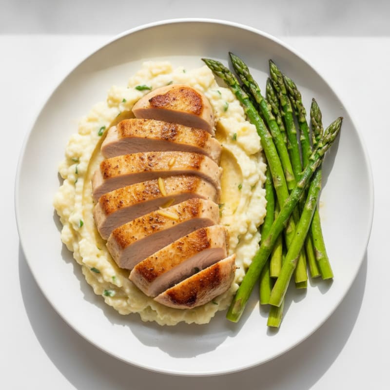 Seared Turkey Breast with Roasted Asparagus and Cauliflower Mash