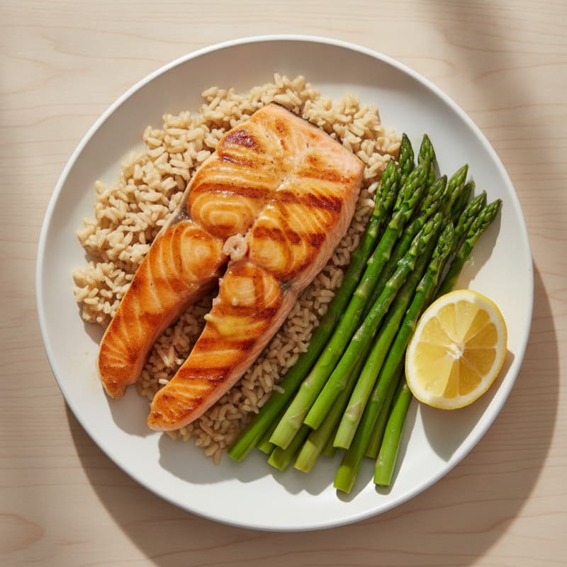 Seared Salmon Fillet with Steamed Asparagus and Brown Rice