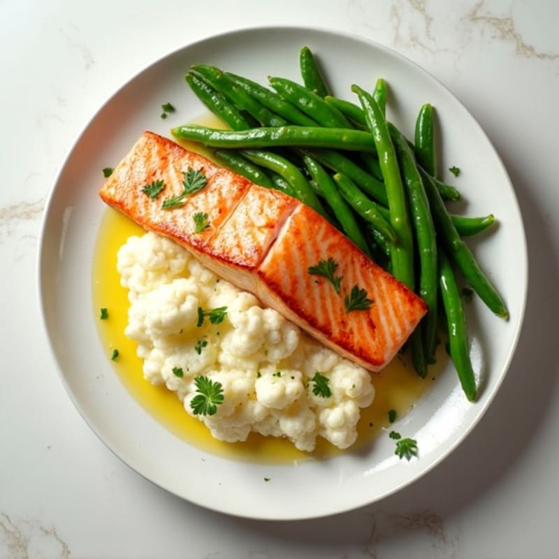 Seared Salmon Fillet with Steamed Green Beans and Garlic Mashed Cauliflower