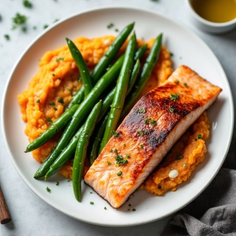 Seared Salmon with Garlic Green Beans and Sweet Potato Mash
