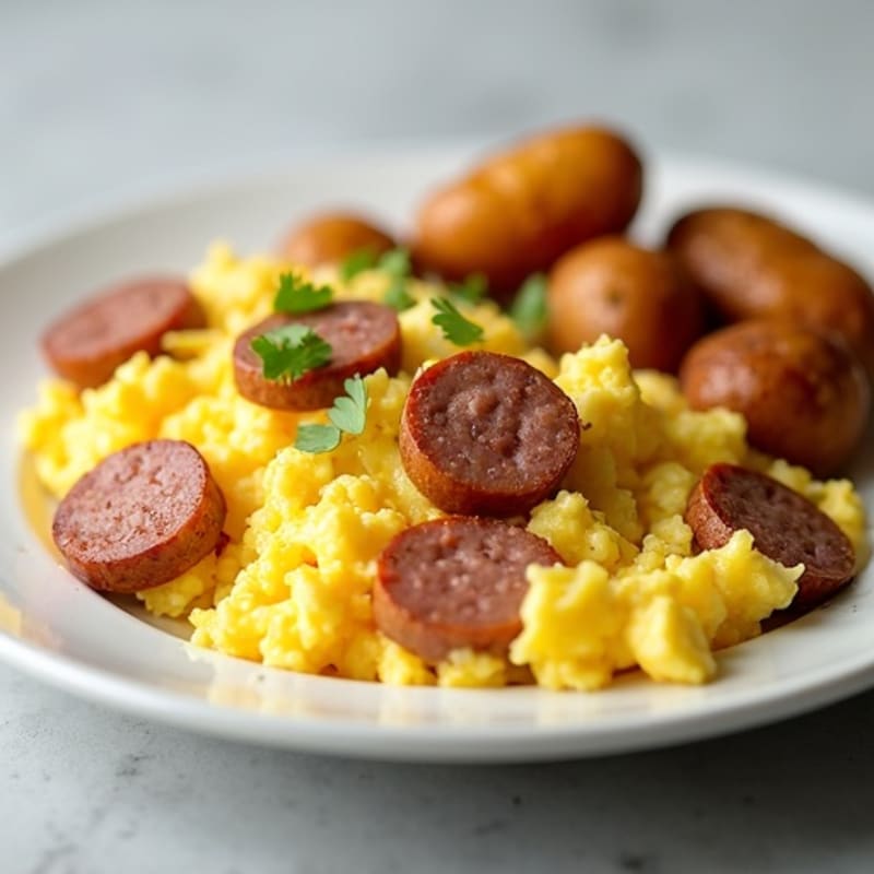 Creamy Scrambled Eggs with Chicken Sausage and Roasted Potatoes