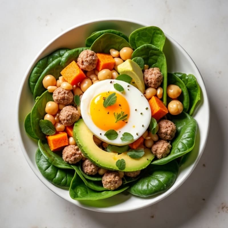 Egg and Chickpea Salad with Roasted Sweet Potato and Spinach