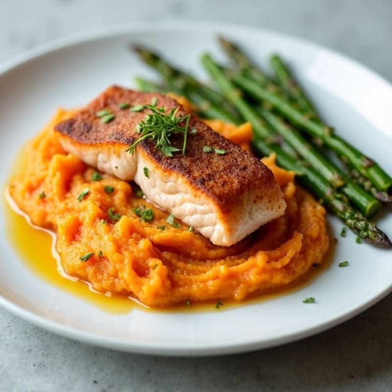 Seared Salmon with Roasted Asparagus and Sweet Potato Mash
