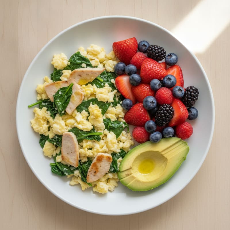 Egg White Scramble with Spinach, Turkey Breast, and Fresh Berries