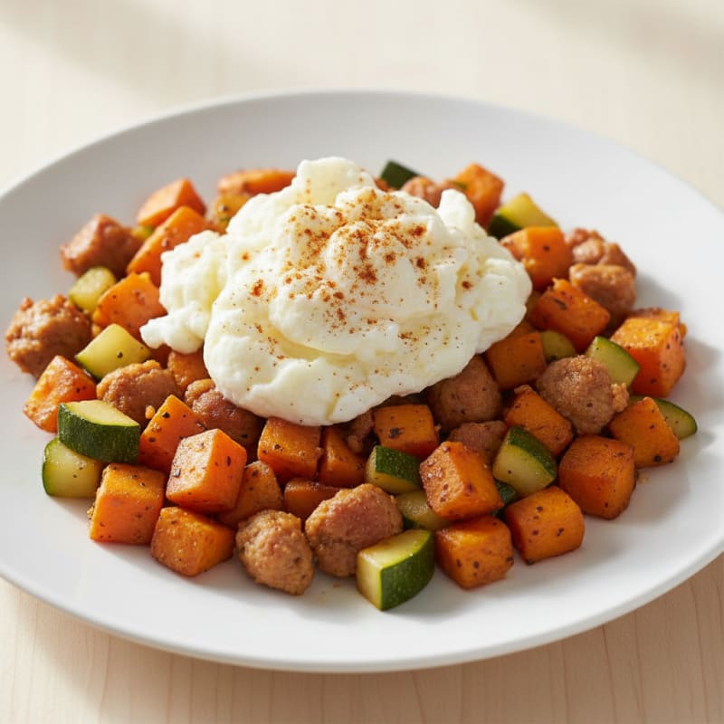 Chicken Sausage and Sweet Potato Hash with Egg Whites