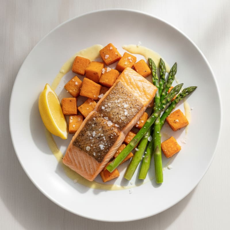 Seared Salmon with Roasted Sweet Potato and Asparagus