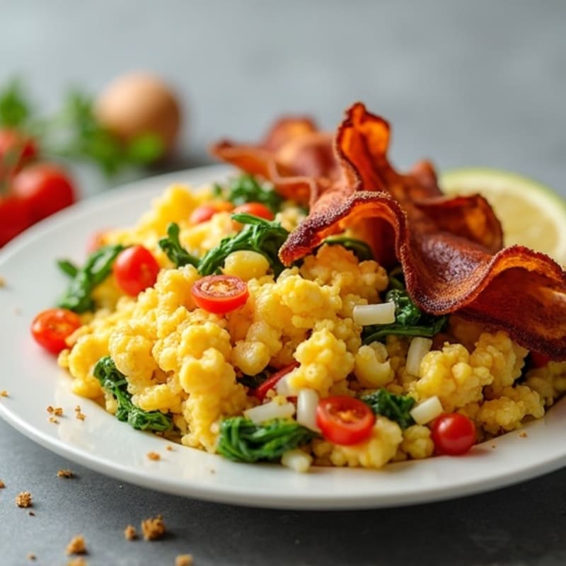 Fluffy Egg and Veggie Scramble with Crispy Turkey Bacon