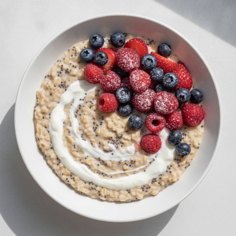 Creamy Oat Porridge with Greek Yogurt, Chia Seeds, and Fresh Berries