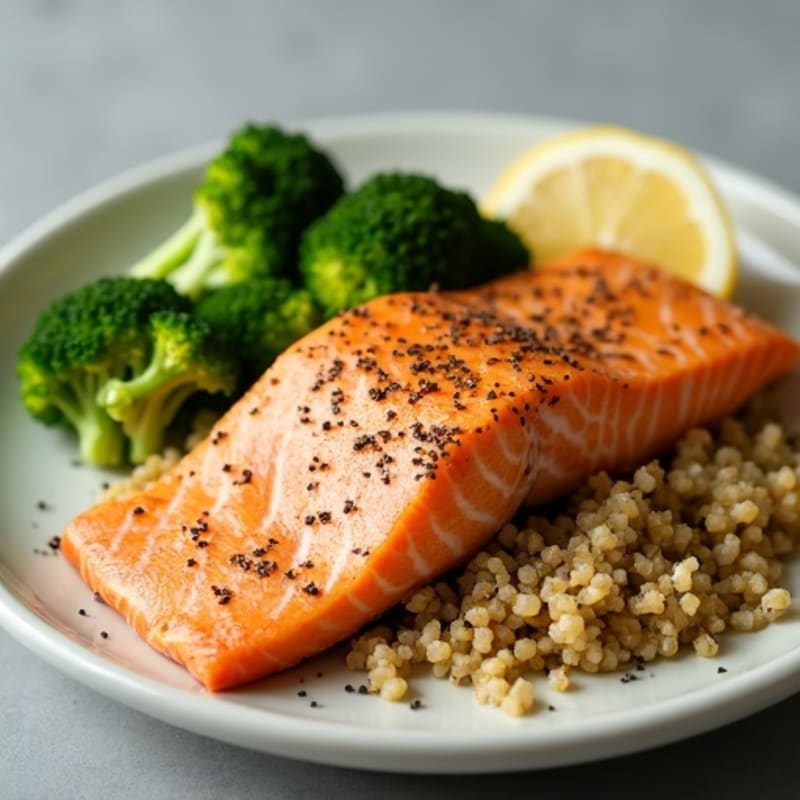 Seared Salmon with Steamed Broccoli and Quinoa