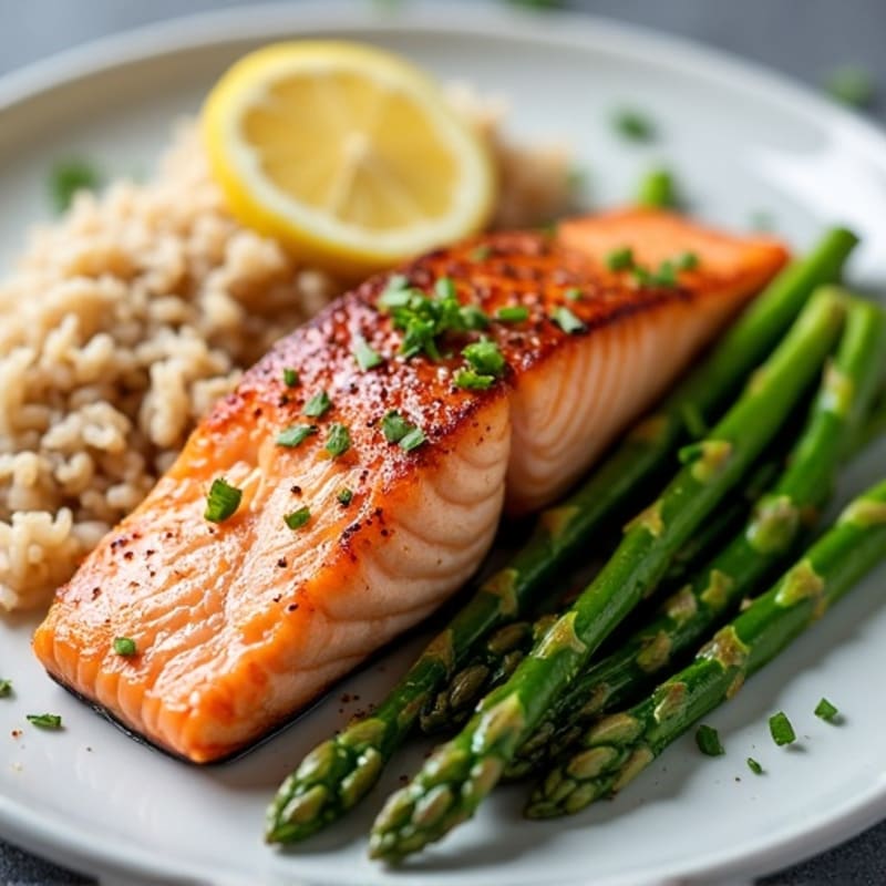 Seared Salmon with Steamed Asparagus and Brown Rice