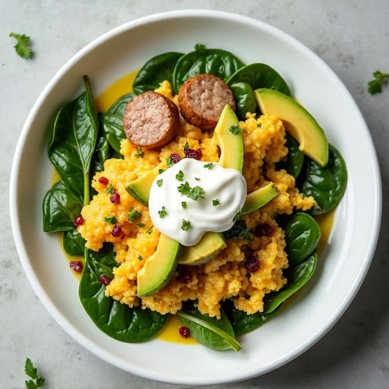 Egg White and Turkey Sausage Scramble with Greek Yogurt and Spinach