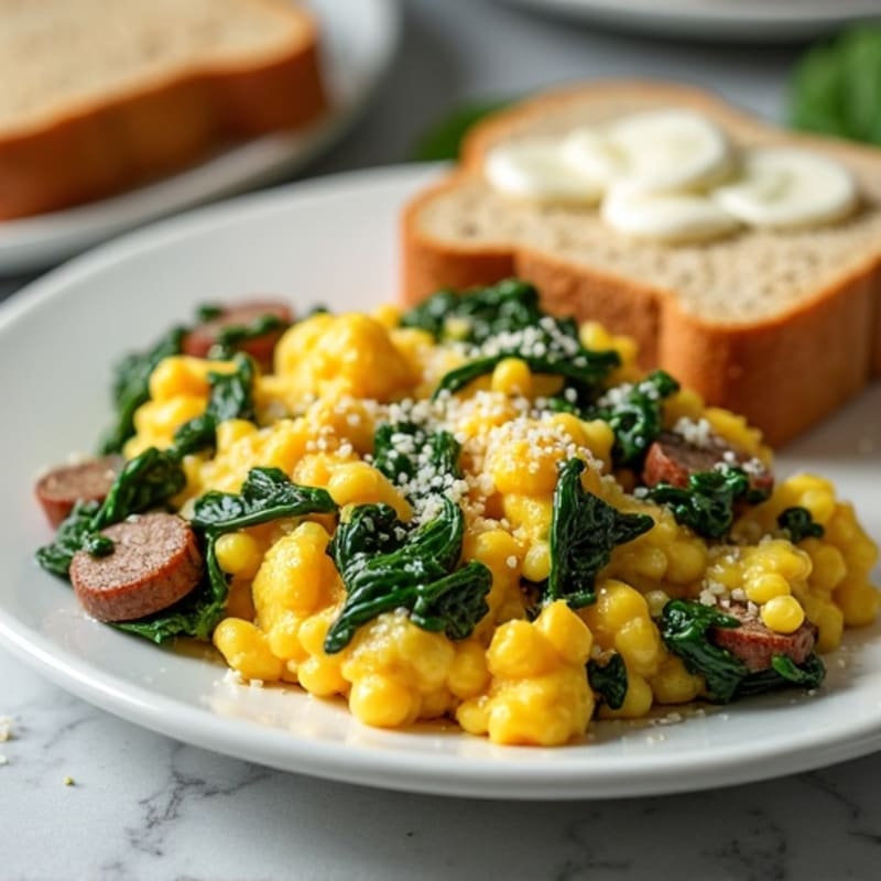 Egg White Scramble with Turkey Sausage and Sautéed Spinach