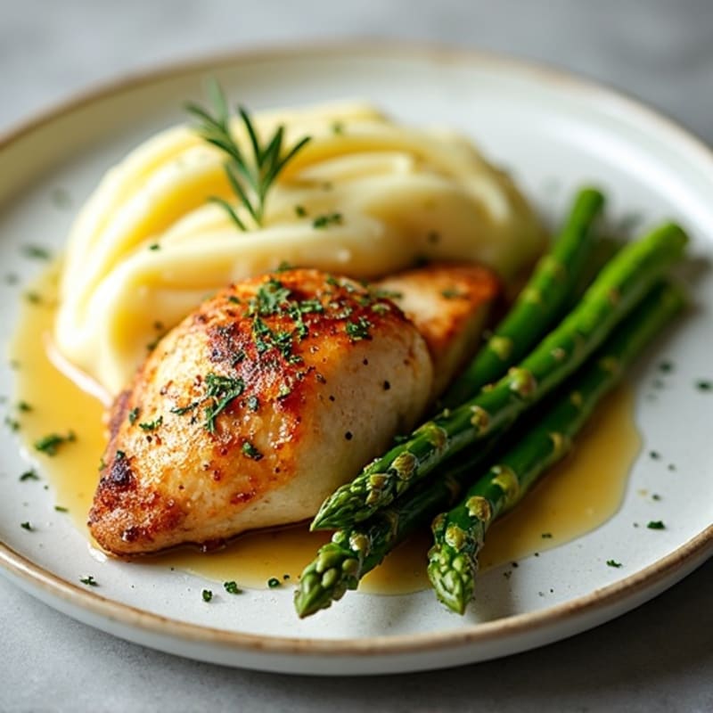 Herb-Roasted Chicken with Creamy Buttery Garlic Mashed Potatoes and Crispy Asparagus