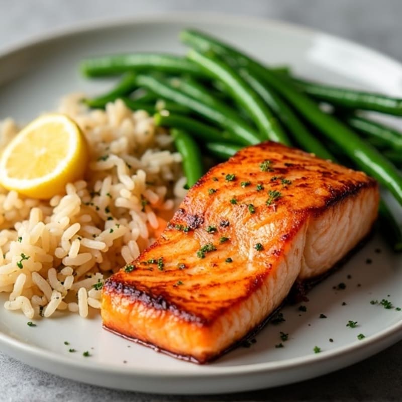 Seared Salmon Fillet with Garlic Green Beans and Brown Rice