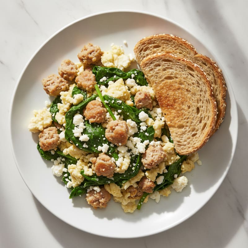 Egg White and Turkey Sausage Scramble with Spinach and Feta