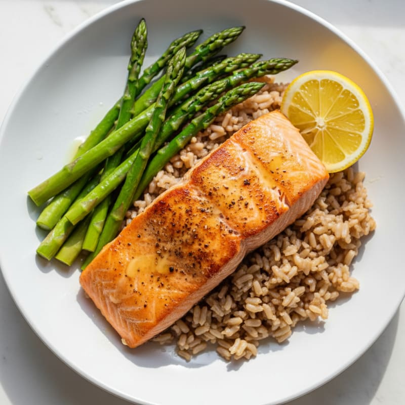 Pan-Seared Salmon with Steamed Asparagus and Brown Rice