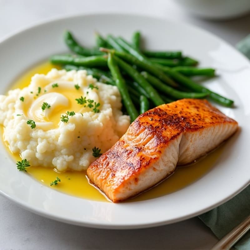 Seared Salmon with Steamed Green Beans and Garlic Mashed Cauliflower