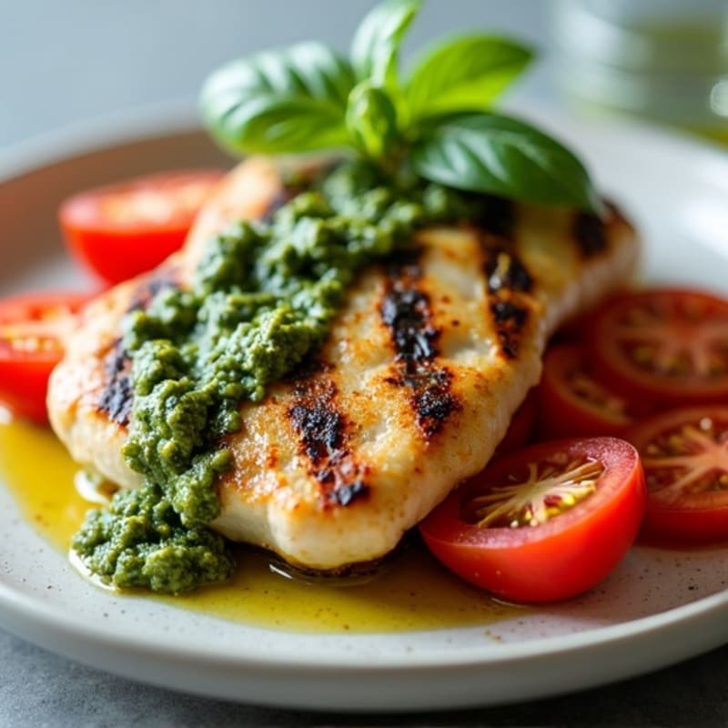 Grilled Chicken with Juicy Tomatoes, Creamy Mozzarella, and Bright Basil Pesto