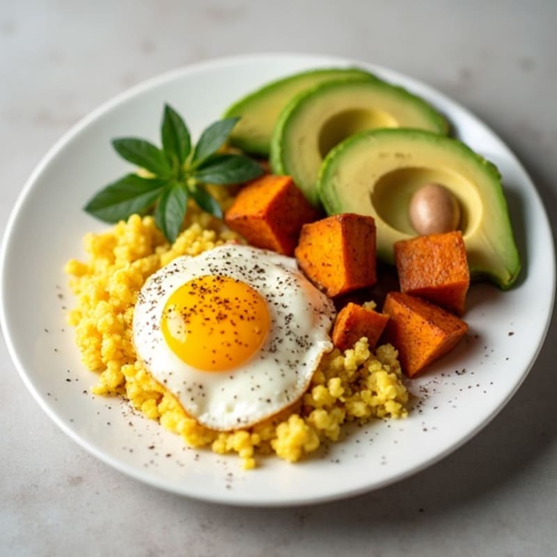 Egg White Scramble with Roasted Sweet Potatoes and Avocado Slices